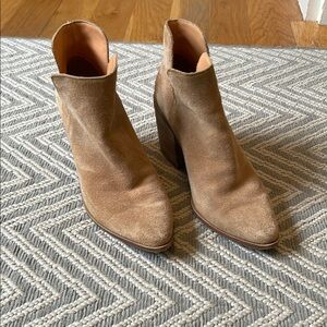 Tan Suede Ankle Booties with Stacked Heel